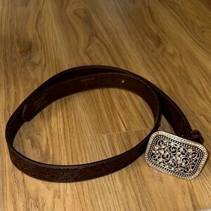 Ariat Brown Leather Belt with Ornate Silver Buckle